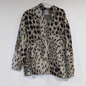 TanJay Leopard Animal Print Heavy Sweater Jacket Tan Black Size Large